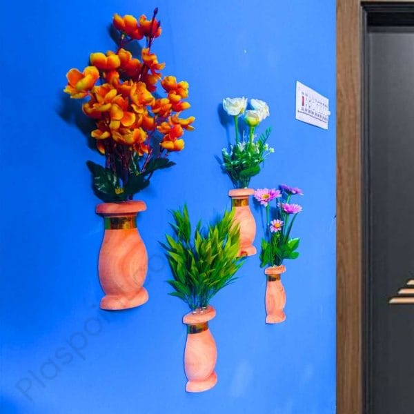 কৃতিম ফুল, ৪ পিস কলস আকৃতির ফুলসহ কাঠের টপ ,আঠালো সিস্টেম হওয়ায় দেয়ালে সেটিং করা খুব সহজ!